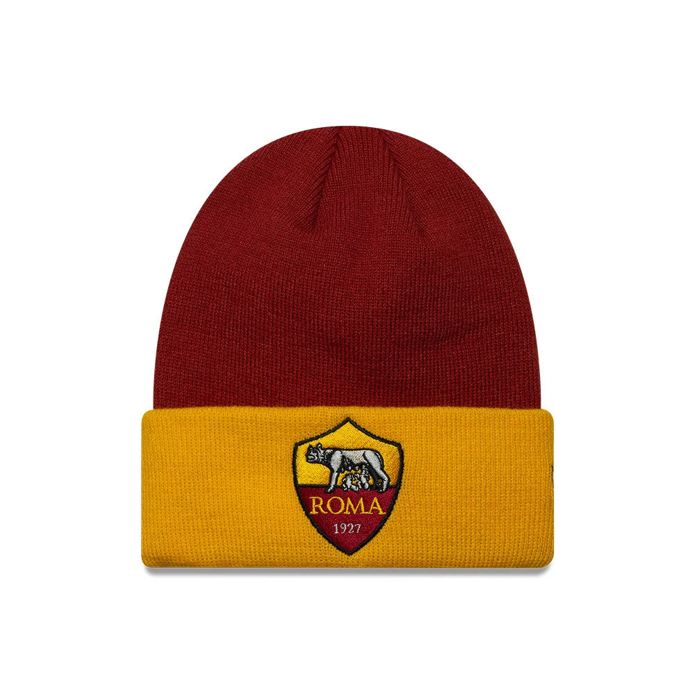 New Era Youth AS Roma Team Dark Red Skull Knit Beanie Hat, front view showing the AS Roma crest embroidered on the mustard yellow cuff, set against a deep red knitted crown and featuring a ribbed texture for added style.