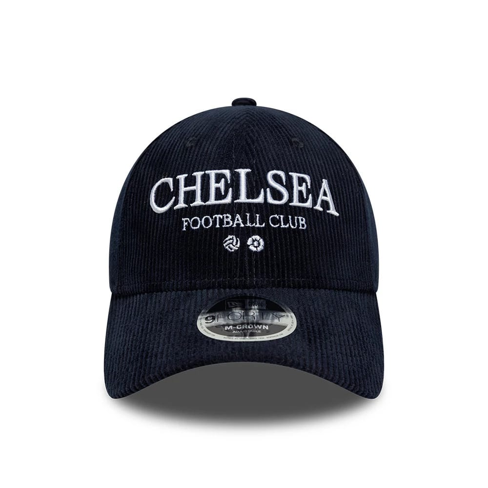 Pictured is this Chelsea FC Cord 9FORTY M-Crown cap in navy. 2
