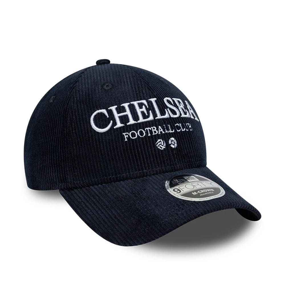 Chelsea FC Cord Navy New Era 9FORTY M-Crown Adjustable Cap, front view showing the raised white embroidered Chelsea Football Club text and logos on the structured navy corduroy crown with a curved visor and 9FORTY size sticker.