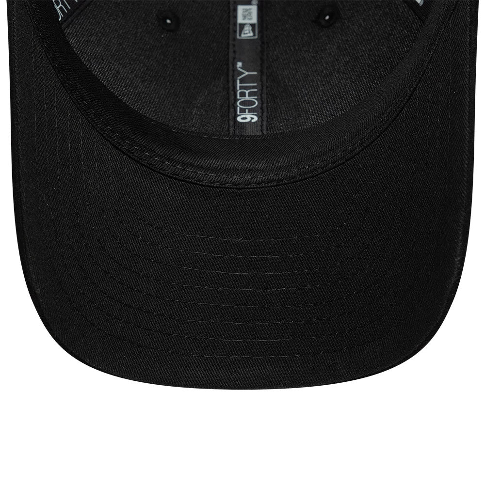 AC Milan Faux Suede Black New Era 9FORTY M-Crown Adjustable Cap, inside view showing the black undervisor and sweatband, black stitched taping with repeated white 9FORTY logos, and evenly placed eyelets on the inner crown.