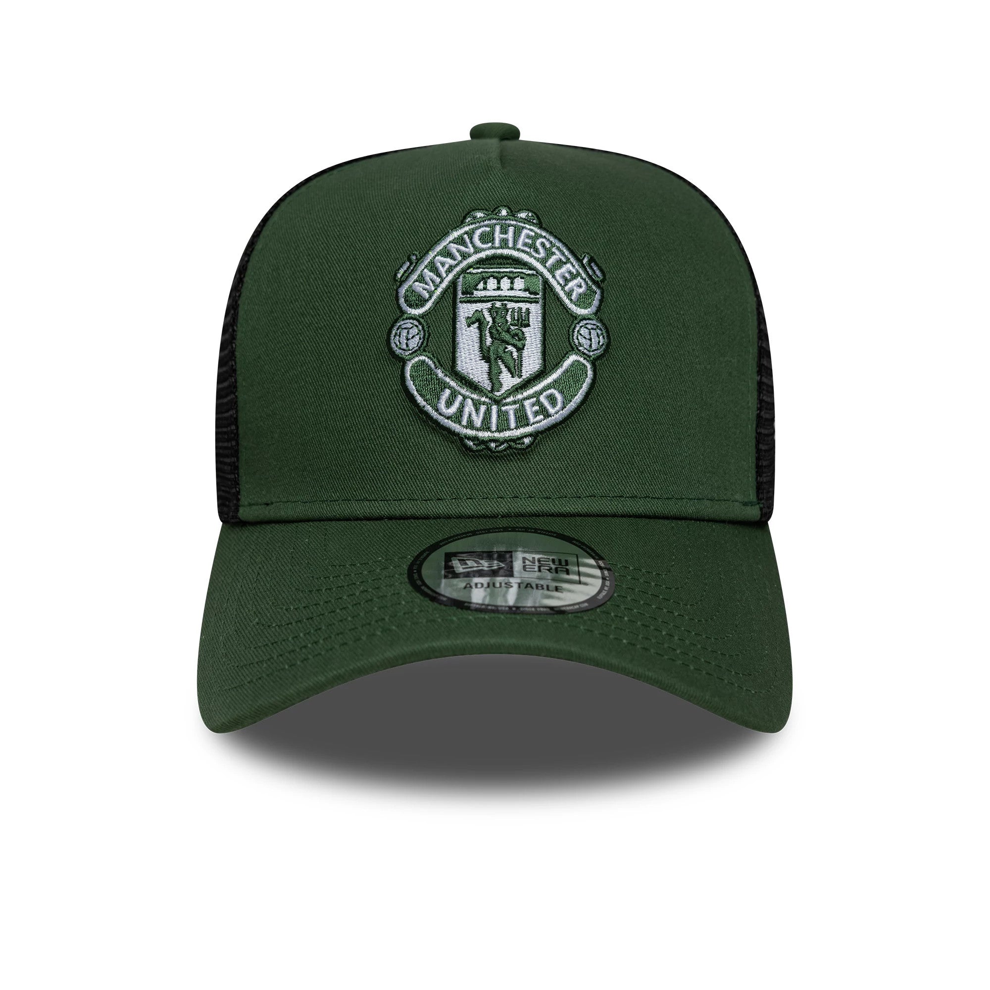 Pictured is this Manchester United FC 9FORTY A-Frame Trucker cap in dark green. 2