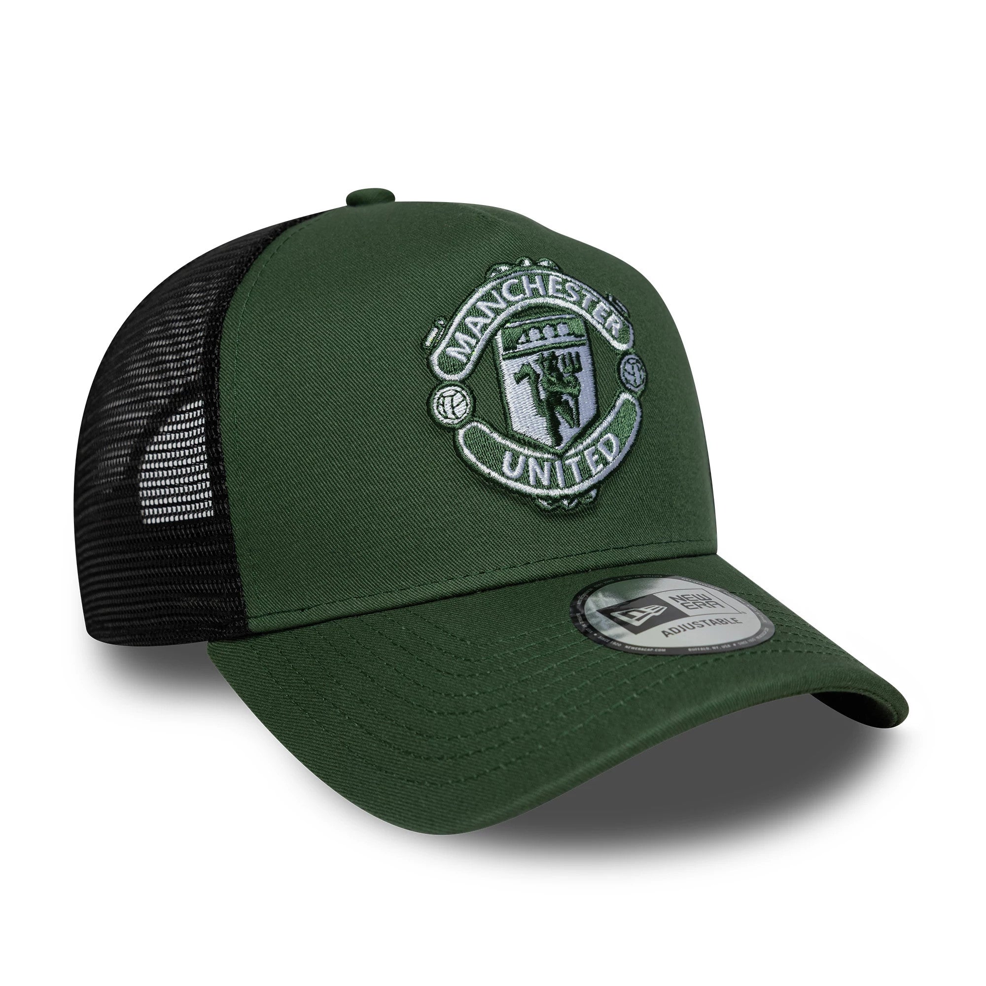Pictured is this Manchester United FC 9FORTY A-Frame Trucker cap in dark green. 3