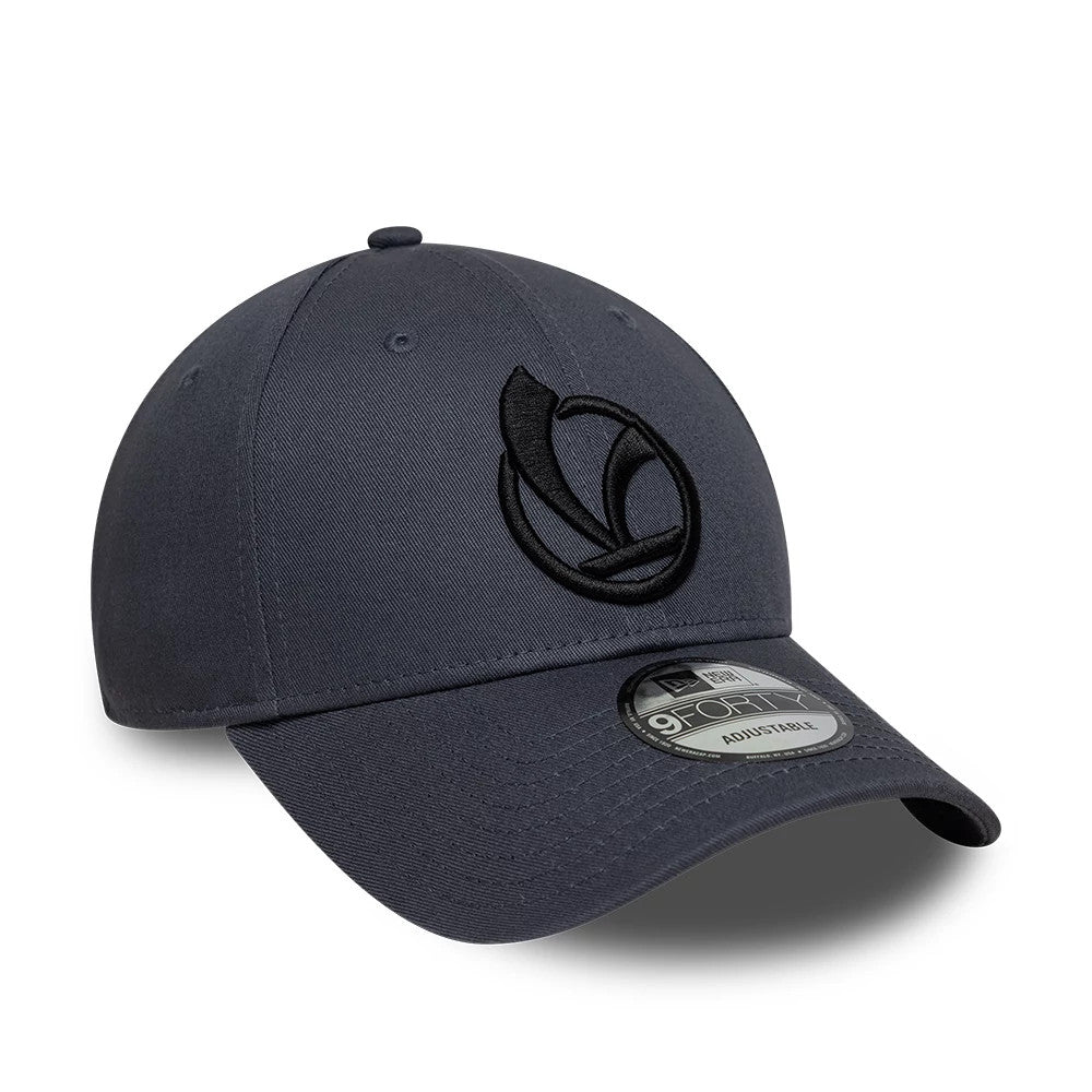 Vespa Logo Grey New Era 9FORTY Adjustable Cap, three-quarter view showing a black raised embroidered logo on the front panel, slightly curved grey visor, and 9FORTY size sticker on the top, with matching grey eyelets and top button.