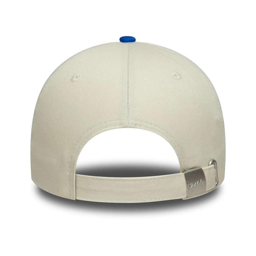 Vespa Contrast Visor Bright Blue New Era 9FORTY Adjustable Cap, rear view showing an ivory fabric strap with a buckle, embroidered text, and a single blue embroidered top button on the structured ivory crown.