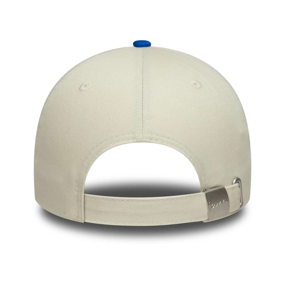 Vespa Contrast Visor Bright Blue New Era 9FORTY Adjustable Cap, rear view showing an ivory fabric strap with a buckle, embroidered text, and a single blue embroidered top button on the structured ivory crown.