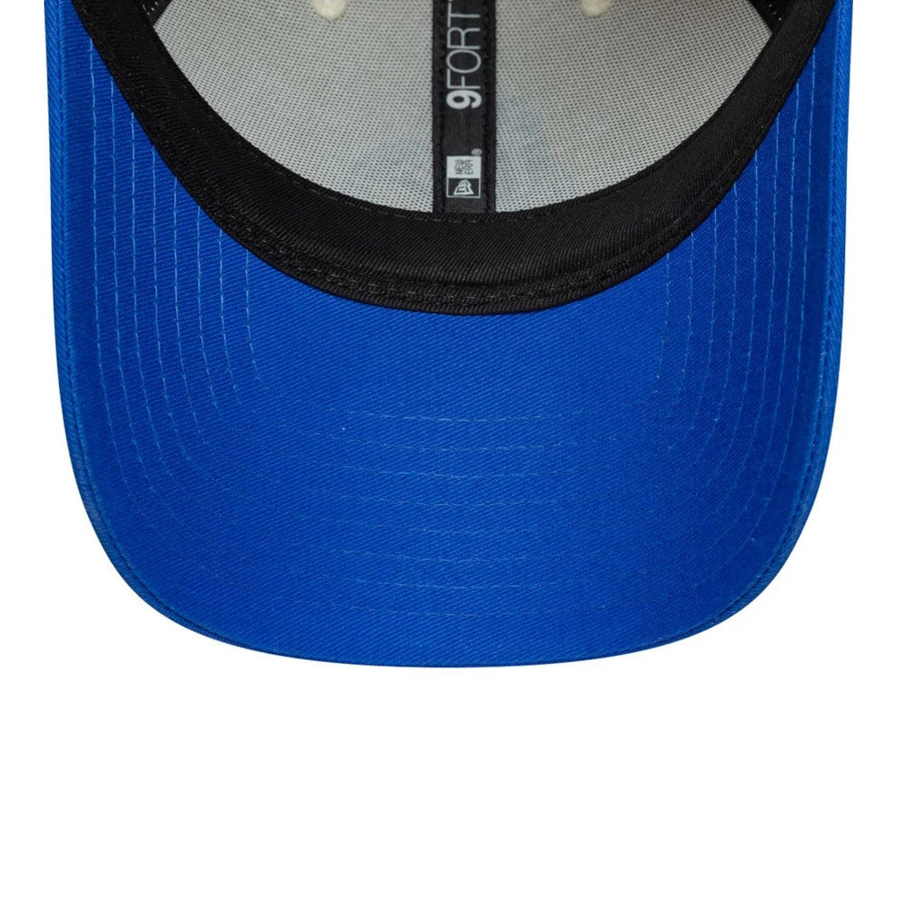 Vespa Contrast Visor Bright Blue New Era 9FORTY Adjustable Cap, inside view showing a structured black sweatband, grey taping with 9FORTY branding, and a bright blue undervisor with stitching.