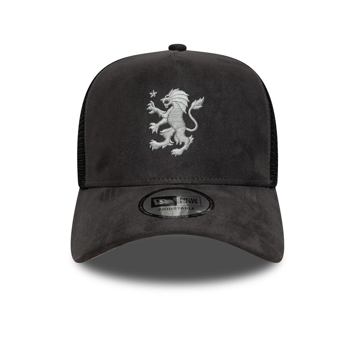 Aston Villa FC Faux Suede Dark Grey New Era 9FORTY E-Frame Trucker Adjustable Cap, front view showing the white embroidered lion crest logo on the dark grey faux suede front panel and a 9FORTY size sticker on the dark grey curved visor.