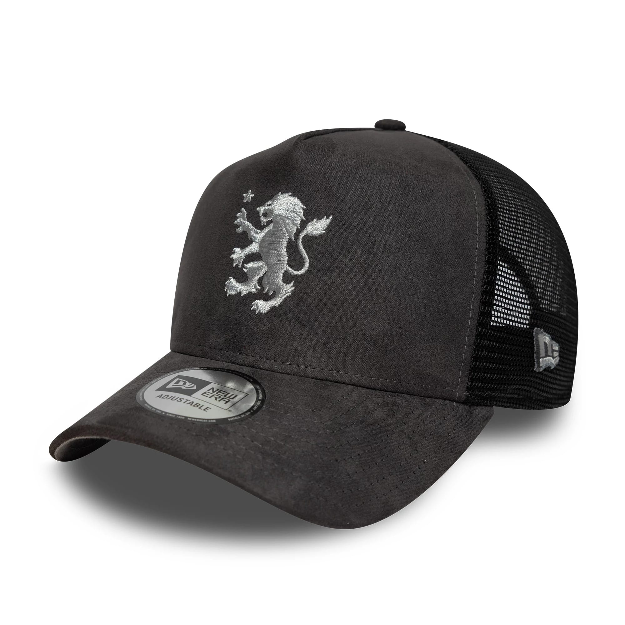 Pictured is this Aston Villa FC Faux Suede 9FORTY E-Frame Trucker cap in dark grey. 1