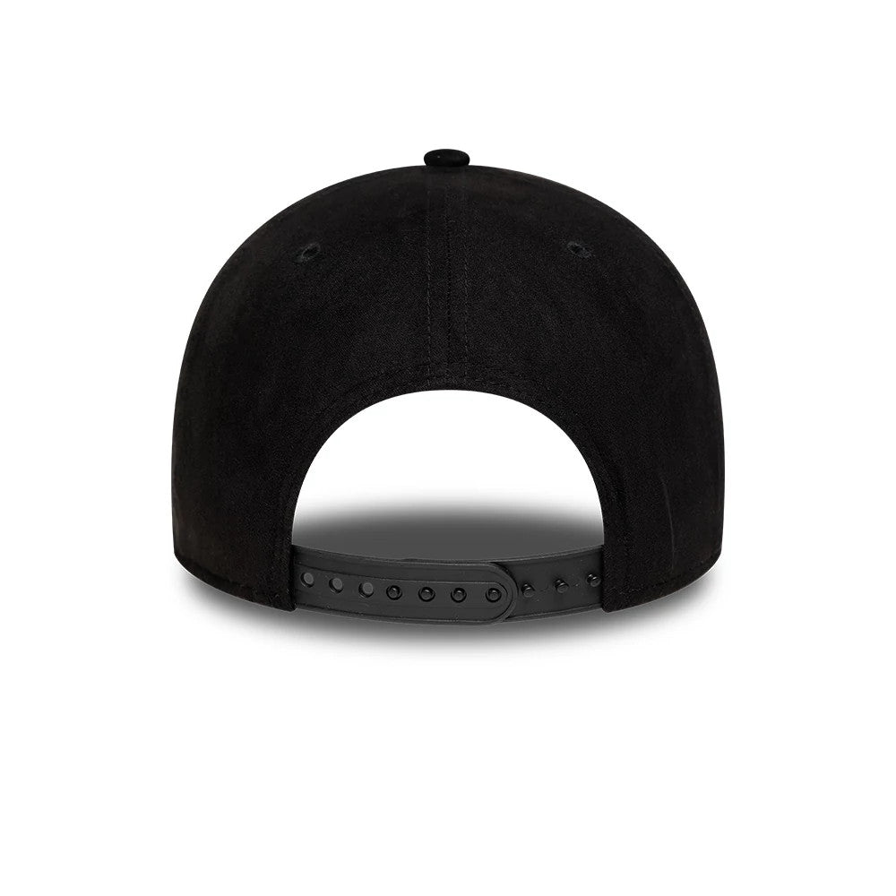 Newcastle United FC Faux Suede Black New Era 9FORTY M-Crown Adjustable Cap, rear view showing the black faux suede finish, a New Era flag logo on the left side, and an adjustable black plastic strap with snap closures.
