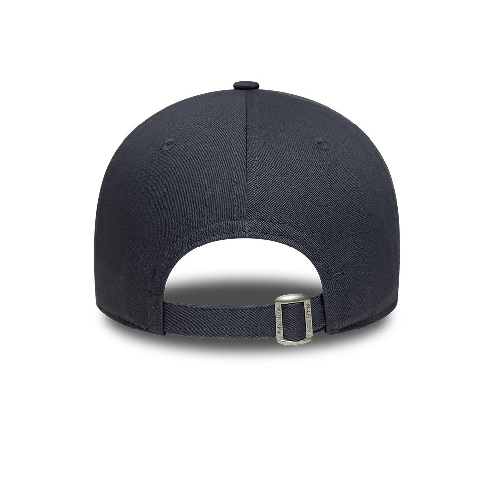 Chelsea FC Grey New Era 9FORTY Adjustable Cap, rear view showing the buckle on the adjustable strap, two embroidered eyelets on the back panels, and the top button centred on the structured grey crown.
