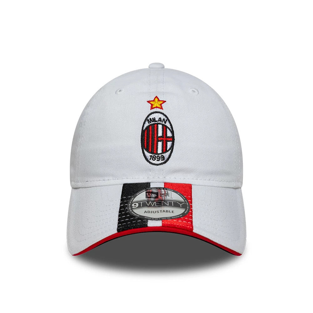 AC Milan 96 White New Era 9TWENTY Adjustable Cap, front view showing the embroidered AC Milan crest with a yellow star on the front panel, a red undervisor, and a 9TWENTY size sticker on the curved white, black and red visor.