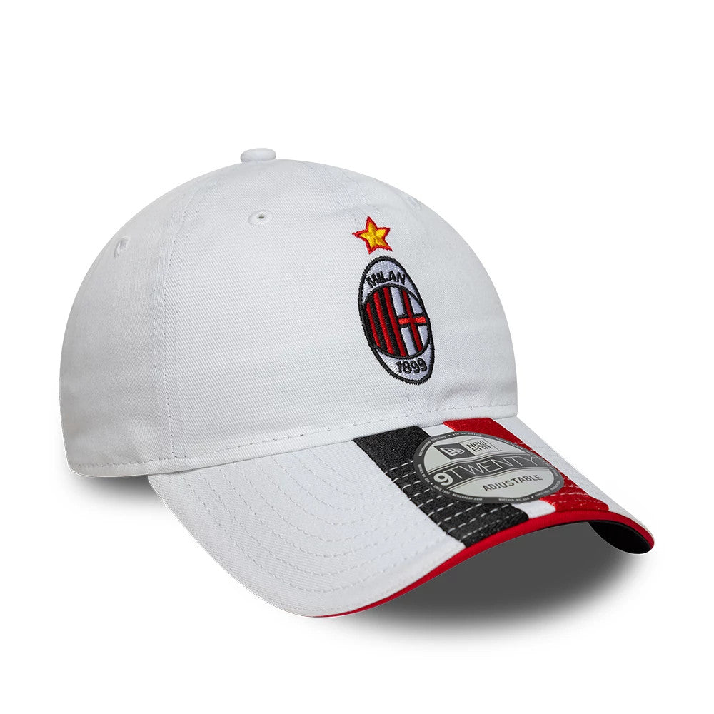 AC Milan 96 White New Era 9TWENTY Adjustable Cap, three-quarter view showing the AC Milan logo with a golden star embroidered on the front panel, a contrasting red and black stripe on the visor, and a silver 9TWENTY size sticker.