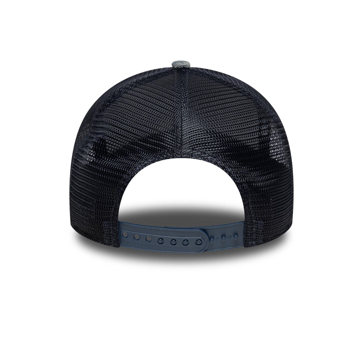 Red Bull Racing Patterned Denim Dark Blue New Era 9FORTY E-Frame Trucker Adjustable Cap, rear view showing the open mesh back panels in dark blue, a curved snap closure for custom fit, and a top button matching the cap's colour.