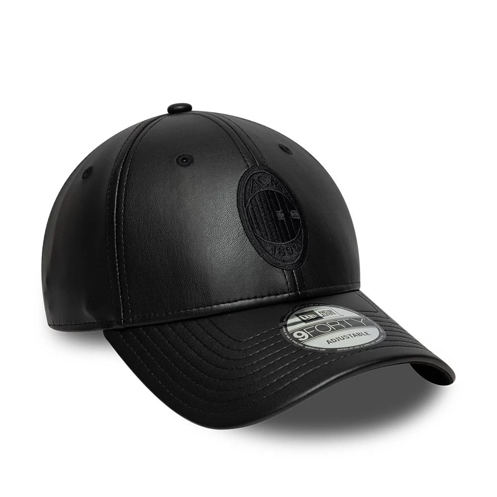 AC Milan PU Black New Era 9FORTY Adjustable Cap, three-quarter view showing a black embroidered AC Milan crest on the front panel, a curved black visor with a 9FORTY size sticker, and a top button matching the black crown.