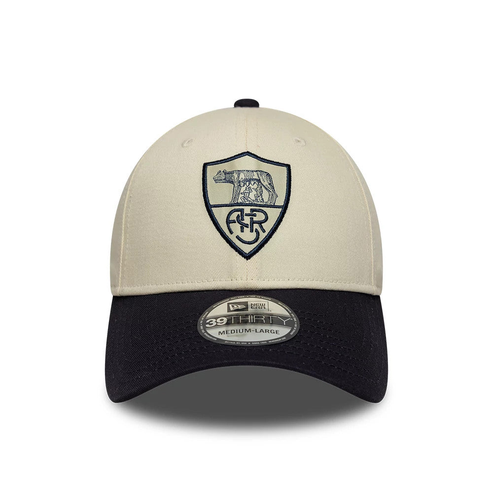 AS Roma Cream & Black New Era 39THIRTY Stretch Fit Cap, front view showing the dark embroidered shield logo with a wolf and initials on the structured cream crown, contrasting with the curved black visor and a 39THIRTY size sticker.