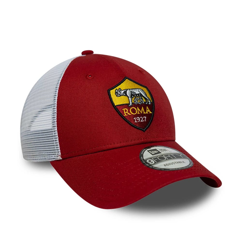 AS Roma League Dark Red New Era 9FORTY Adjustable Cap, three-quarter view showing the embroidered Roma crest on the front panel, a curved dark red visor with a 9FORTY size sticker, and white mesh panels at the back.