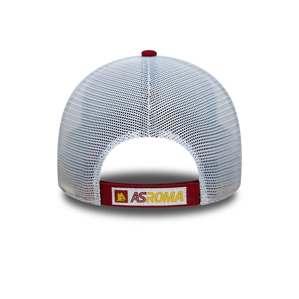 AS Roma League Dark Red New Era 9FORTY Adjustable Cap, rear view showing the white mesh back panels with an adjustable dark red strap, and an embroidered AS Roma logo patch in yellow and red placed centrally above the opening.