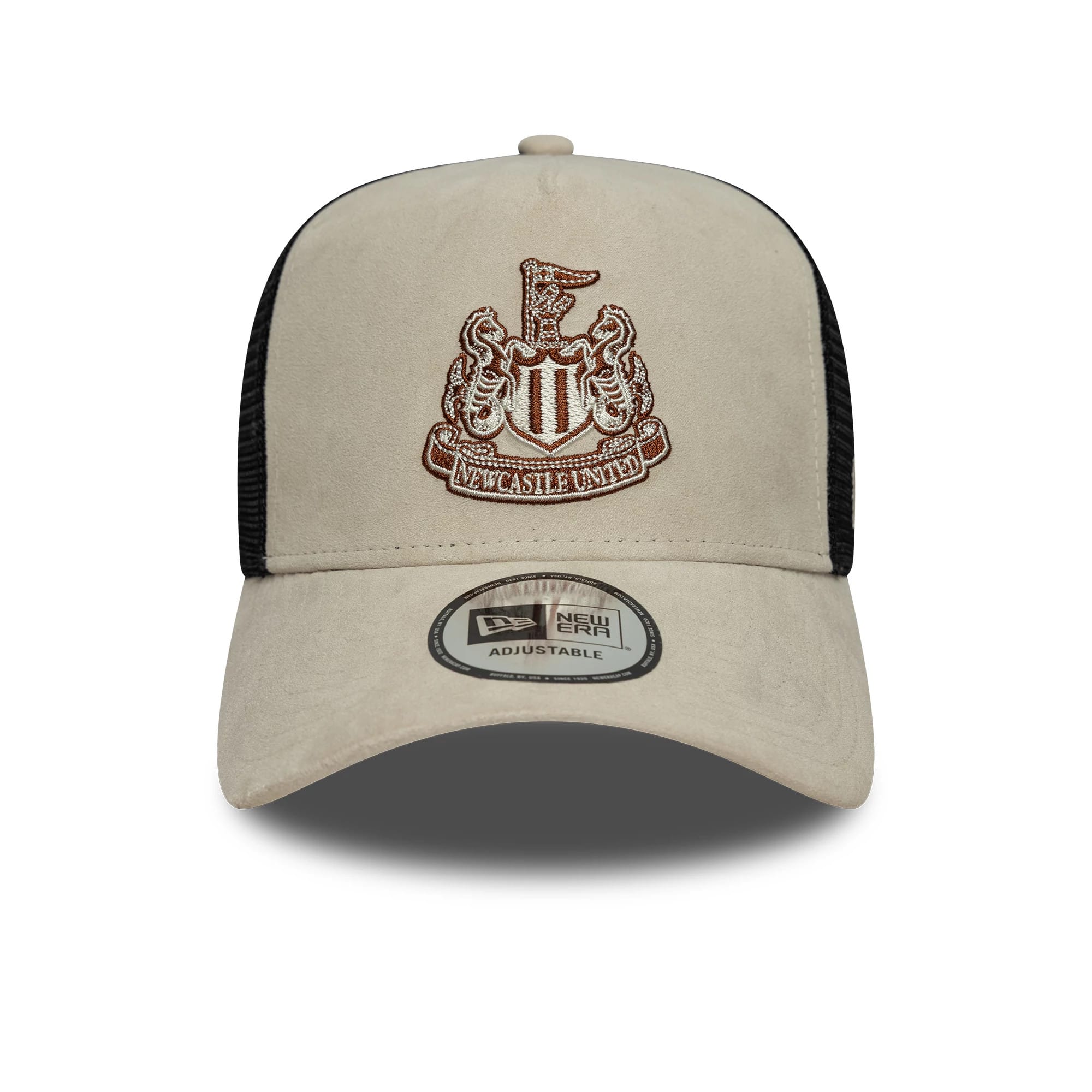 Pictured is this Newcastle United FC Faux Suede 9FORTY E-Frame Trucker cap in cream. 2