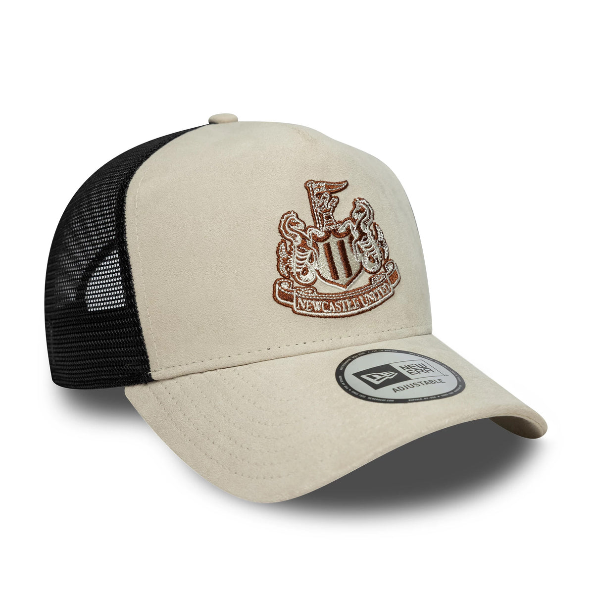 Newcastle United FC Faux Suede Cream New Era 9FORTY E-Frame Trucker Adjustable Cap, three-quarter view showing raised brown embroidered Newcastle United crest on the front panel, black mesh back panels.