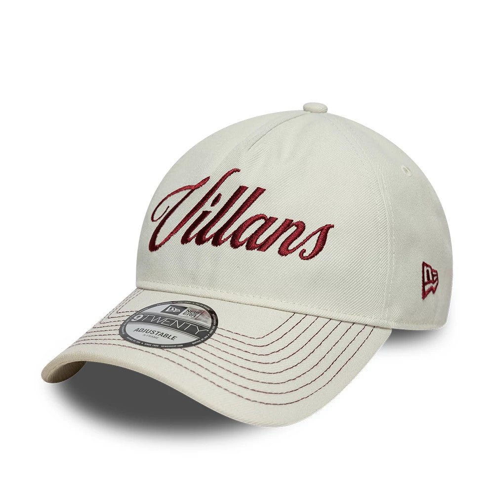 Aston Villa FC Villans White New Era 9TWENTY A-Frame Adjustable Cap, front view showing raised burgundy script embroidery on the front panel, a matching New Era flag logo on the left side, and a 9TWENTY size sticker on the white curved visor.
