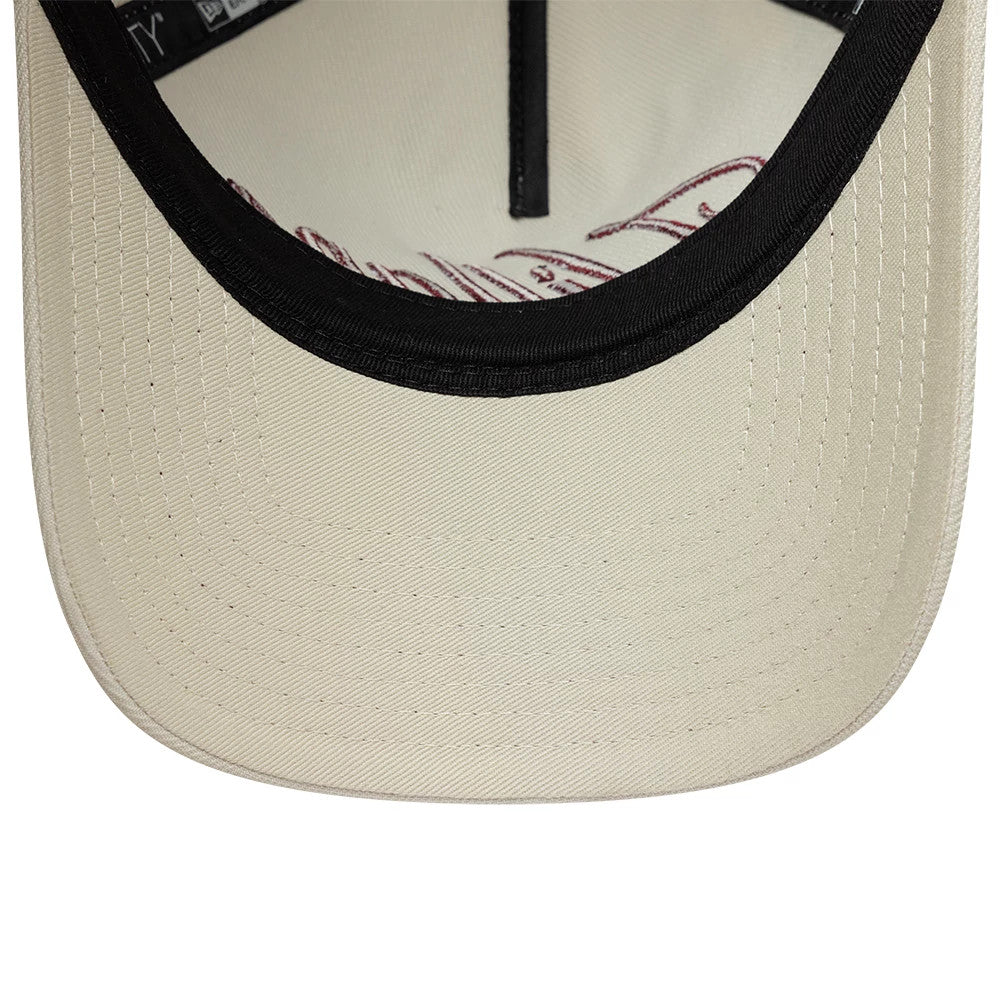 Aston Villa FC Villans White New Era 9TWENTY A-Frame Adjustable Cap, inside view showing a black sweatband, off-white undervisor, and maroon logo embroidery on the underside of the crown, with stitching details.