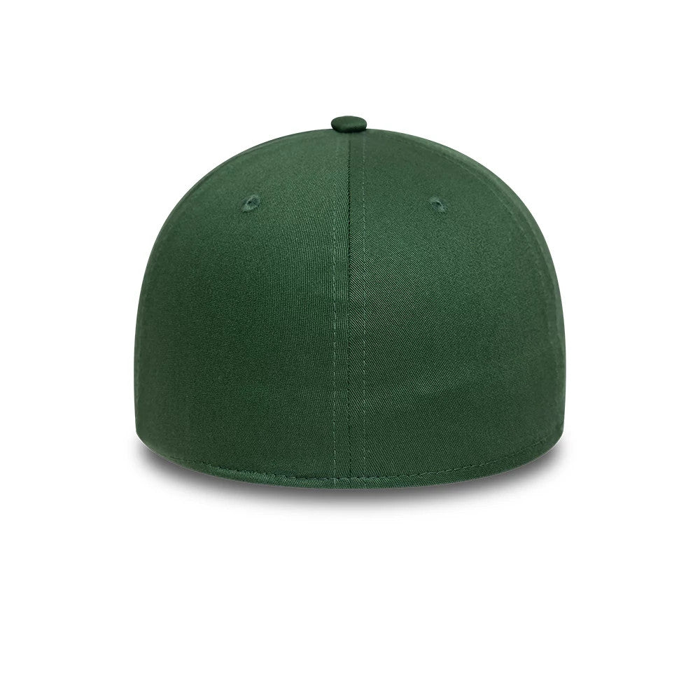 Newcastle United FC Dark Green New Era 39THIRTY Stretch Fit Cap, rear view showing the seamless back panels in dark green, with a structured crown and a matching top button, featuring intricate stitching detail along the centre seam.