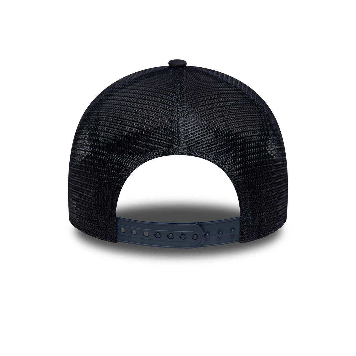 Newcastle United FC Navy New Era 9FORTY E-Frame Trucker Adjustable Cap, rear view highlighting the dark mesh on the structured panels, a navy adjustable snap closure for custom fit, and a small top button completing the design.