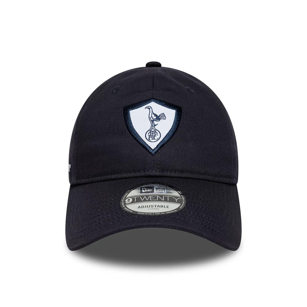 Tottenham Hotspur FC 96 Kit Navy New Era 9TWENTY Adjustable Cap, front view showing the white and navy embroidered cockerel crest on the structured front panel, with a curved visor and a 9TWENTY size sticker on the navy fabric.