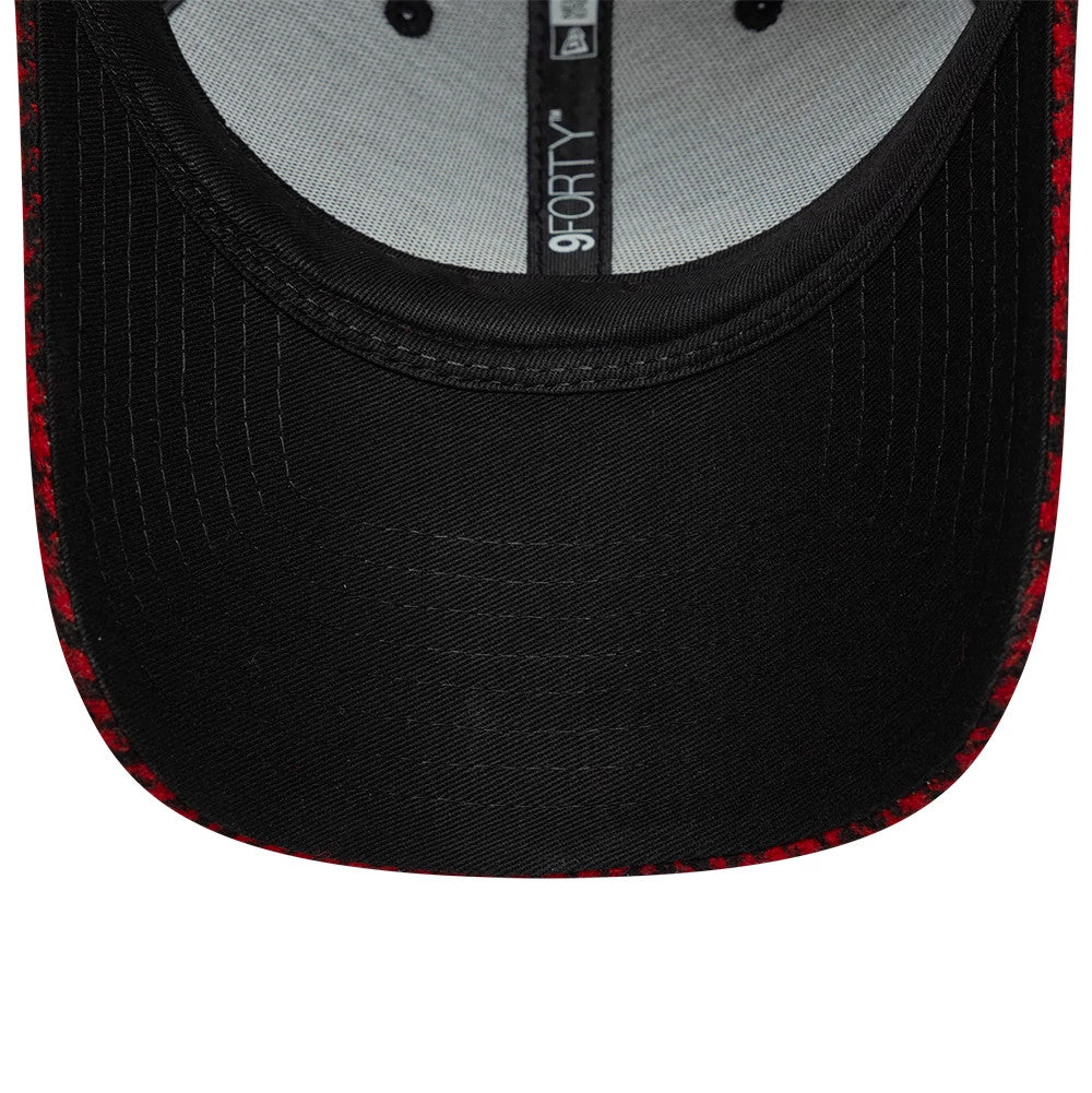 AC Milan Houndstooth Red New Era 9FORTY Adjustable Cap, inside view showing the grey sweatband with black taping featuring the 9FORTY logo, black undervisor, and red houndstooth pattern along the edges of the black visor.