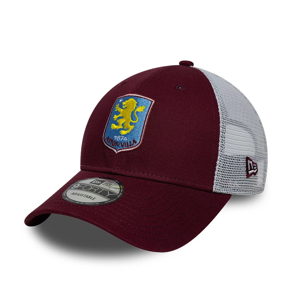 Aston Villa FC League Dark Red New Era 9FORTY Adjustable Cap, three-quarter view showing the embroidered Aston Villa crest on the front panel, dark red curved visor with a 9FORTY size sticker.