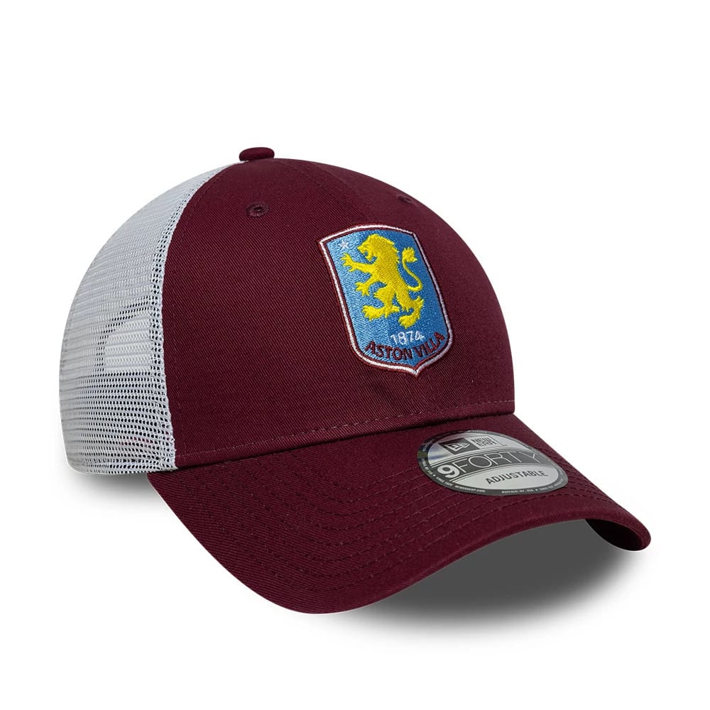 Aston Villa FC League Dark Red New Era 9FORTY Adjustable Cap, three-quarter view showing the embroidered Aston Villa crest in yellow, blue and white on the front panel, with a grey mesh back and a 9FORTY size sticker on the dark red curved visor.