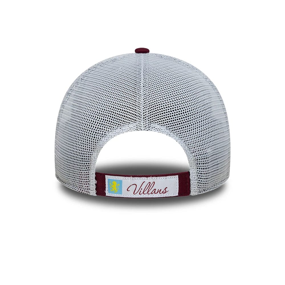 Aston Villa FC League Dark Red New Era 9FORTY Adjustable Cap, rear view showing the white mesh back panels, a burgundy top button, and a white adjustable strap with a blue and yellow lion crest and Villans embroidered in red.