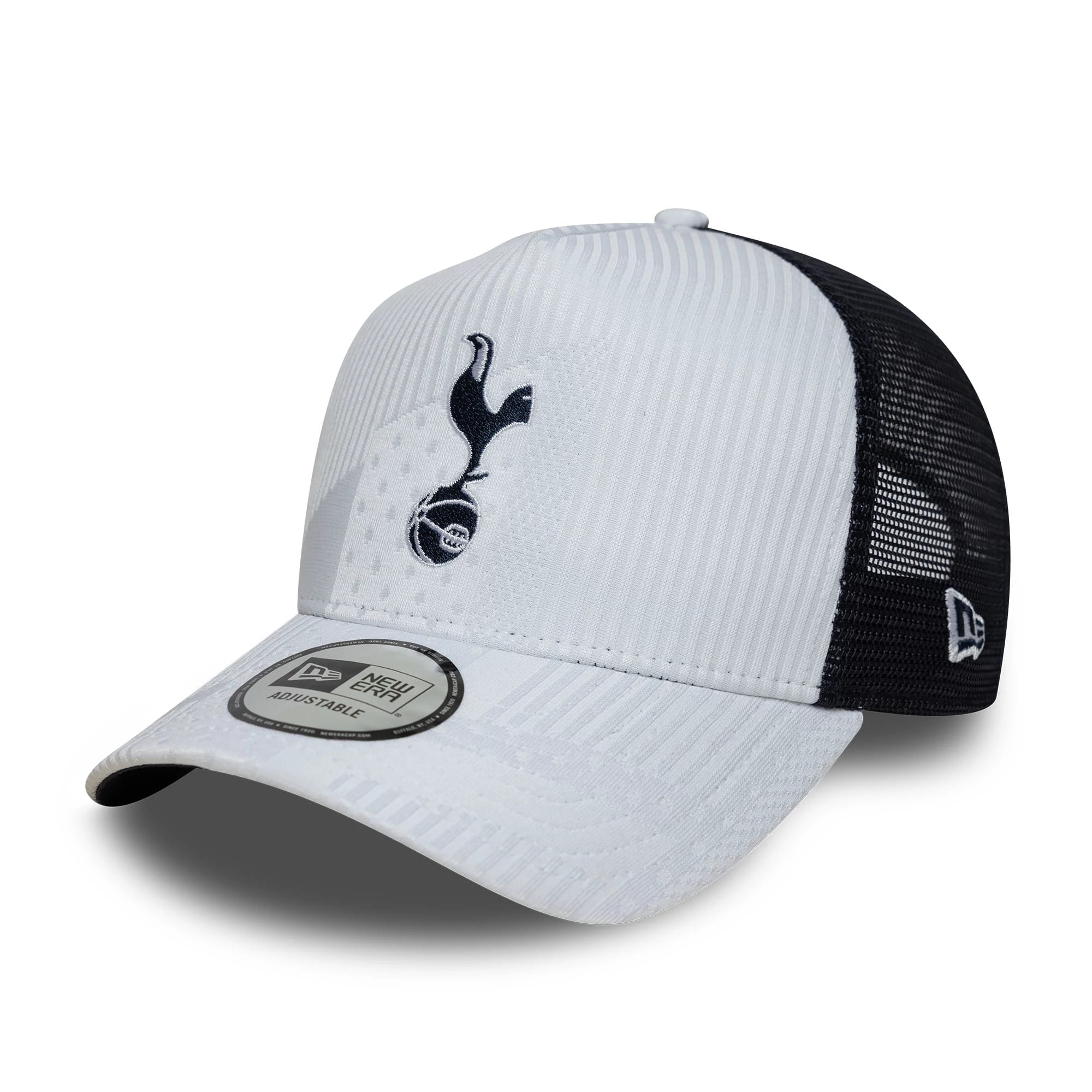 Pictured is this Tottenham Hotspur FC Pattern Knit 9FORTY E-Frame Trucker cap in white. 1