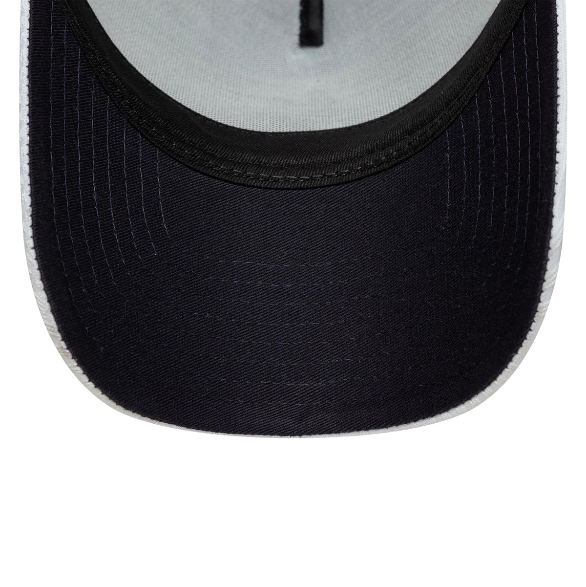 Tottenham Hotspur FC Pattern Knit White New Era 9FORTY E-Frame Trucker Adjustable Cap, inside view showing a light grey sweatband, a black undervisor contrasting with white stitching, and a black centre band running through the crown.