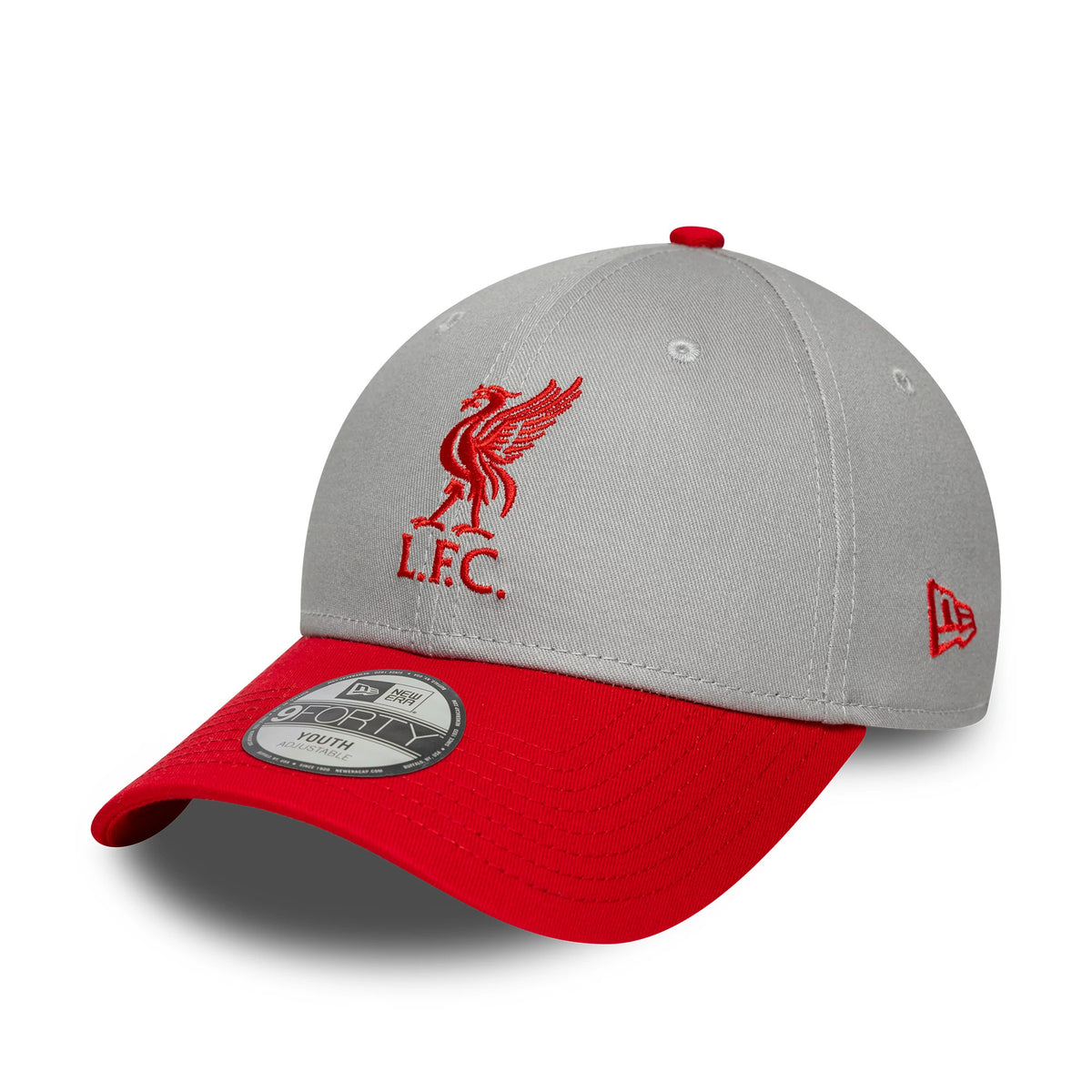 Youth Liverpool FC Contrast Grey New Era 9FORTY Adjustable Cap, three-quarter view showing the red embroidered Liverbird and L.F.C. initials on the front panel, a red New Era flag logo on the left side.