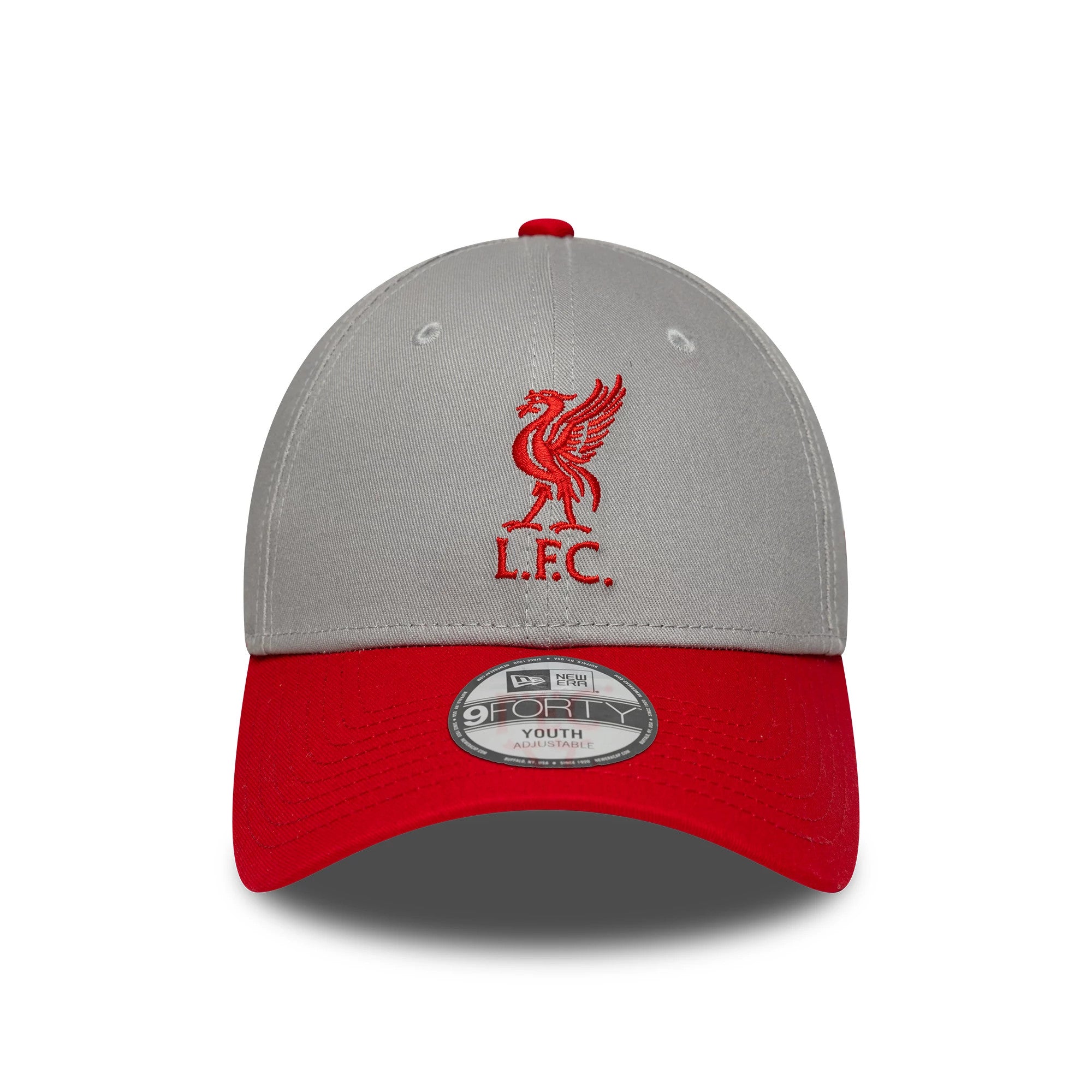 Youth Liverpool FC Contrast Grey New Era 9FORTY Adjustable Cap, front view showing the red embroidered Liverbird logo on the grey front panels, with a red visor and a 9FORTY size sticker placed centrally on the visor.