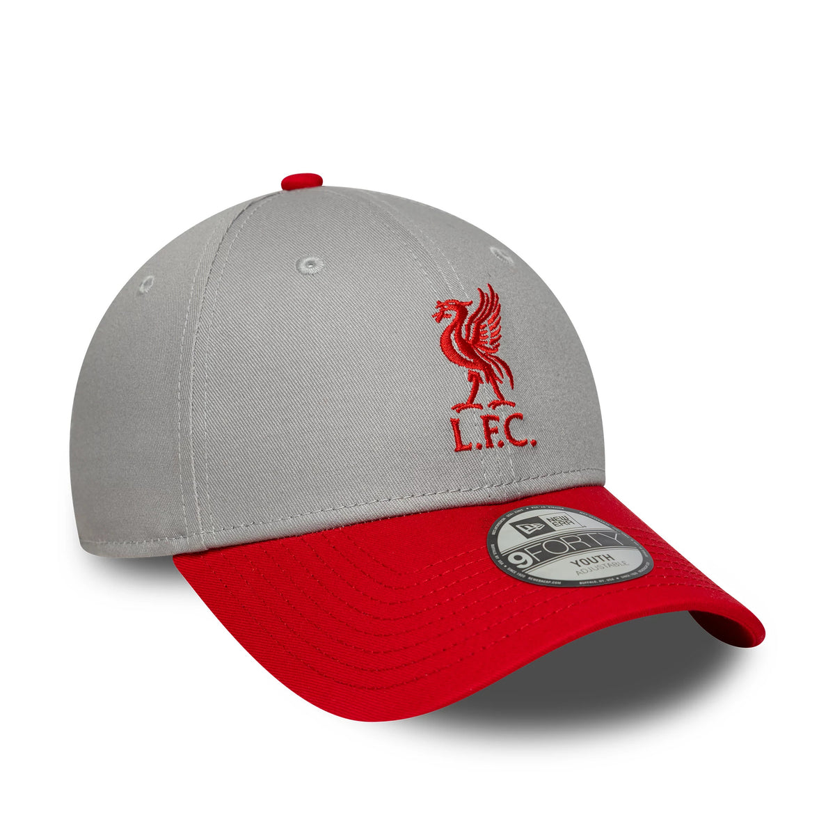 Youth Liverpool FC Contrast Grey New Era 9FORTY Adjustable Cap, front view showing the red embroidered Liverpool FC crest on the structured grey crown, a curved red visor, and a silver 9FORTY size sticker on the top of the visor.