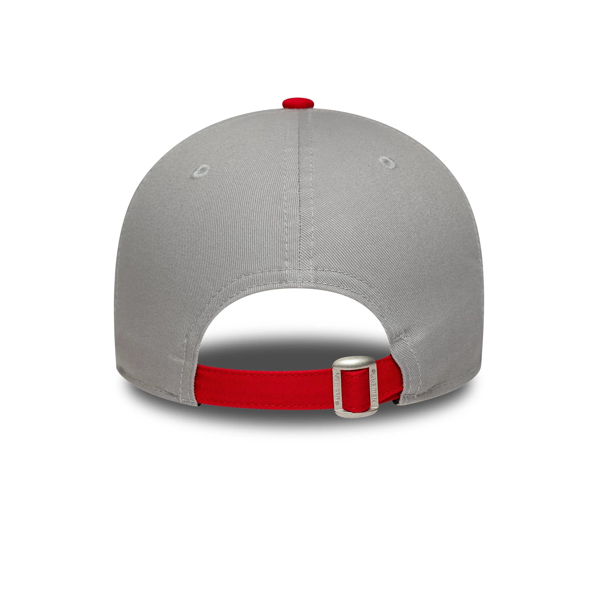 Youth Liverpool FC Contrast Grey New Era 9FORTY Adjustable Cap, rear view showing the structured grey crown with embroidered eyelets, and a red top button. The cap features a red adjustable strap with a silver buckle closure.