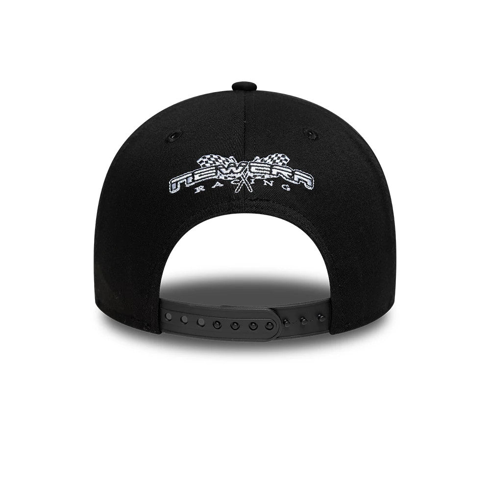 Red Bull Racing Visor Graphic Black New Era 9FORTY Adjustable Cap, rear view showing the white embroidered New Era Racing logo with chequered flags centred on the back panels above the adjustable black snapback closure.