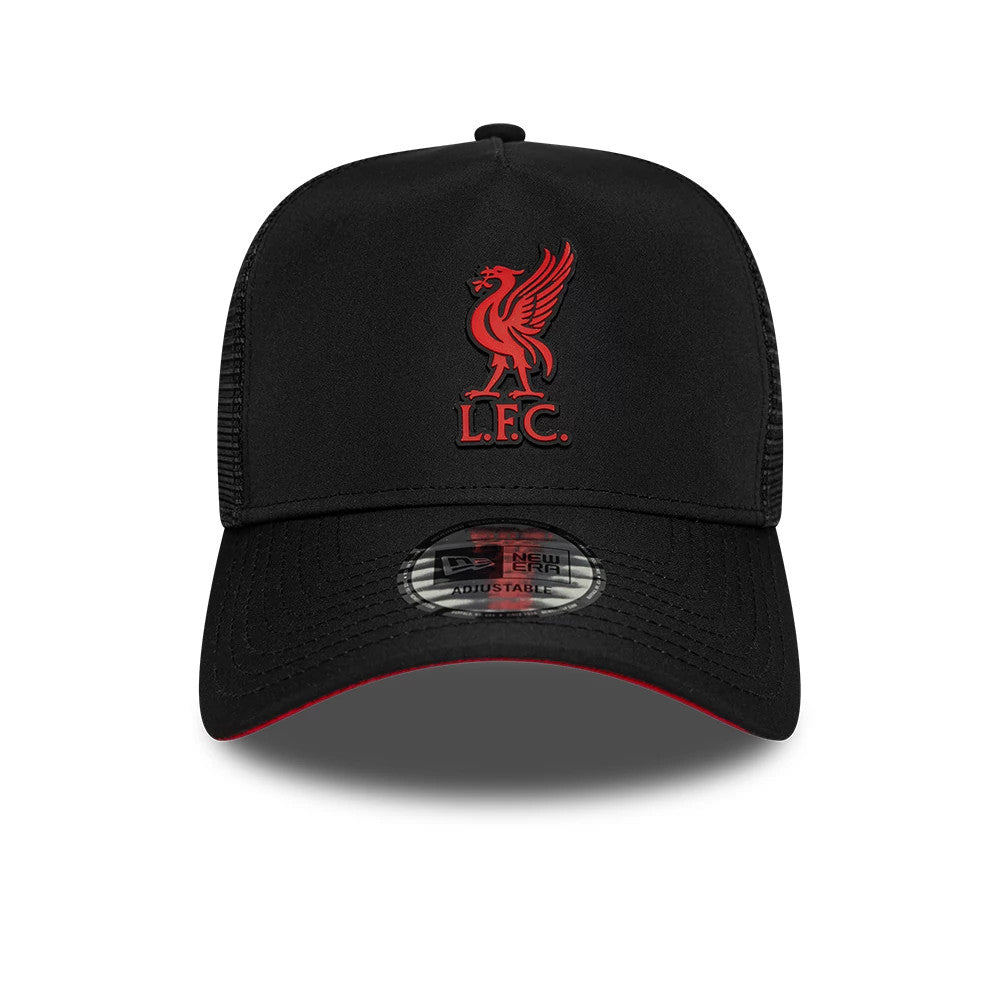 Liverpool FC Gradient Black New Era 9FORTY A-Frame Trucker Adjustable Cap, front view showing a raised red Liverbird and L.F.C. embroidery on the black front panel, with a curved visor featuring a red undersides and a 9FORTY size sticker.