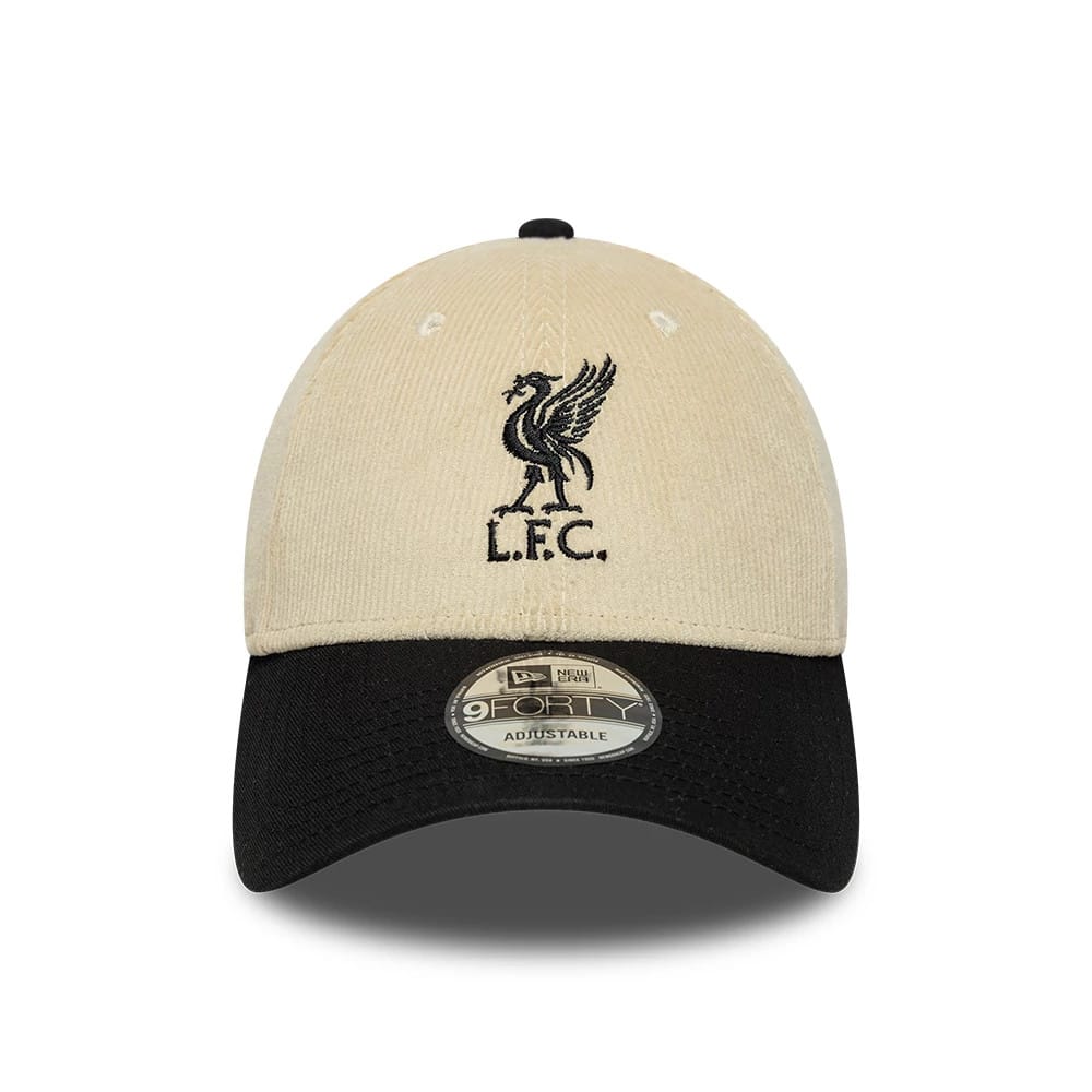 Liverpool FC Cord Cream & Black New Era 9FORTY Adjustable Cap, front view showing the black embroidered L.F.C. logo on the cream front panel, complemented by a curved black visor with the 9FORTY size sticker.