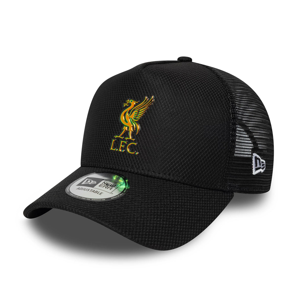 Liverpool FC Iridescent Black New Era 9FORTY A-Frame Trucker Adjustable Cap, front view showing the gold and green raised embroidered L.F.C. crest on the structured black front panel, curved visor with a New Era adjustable size sticker.