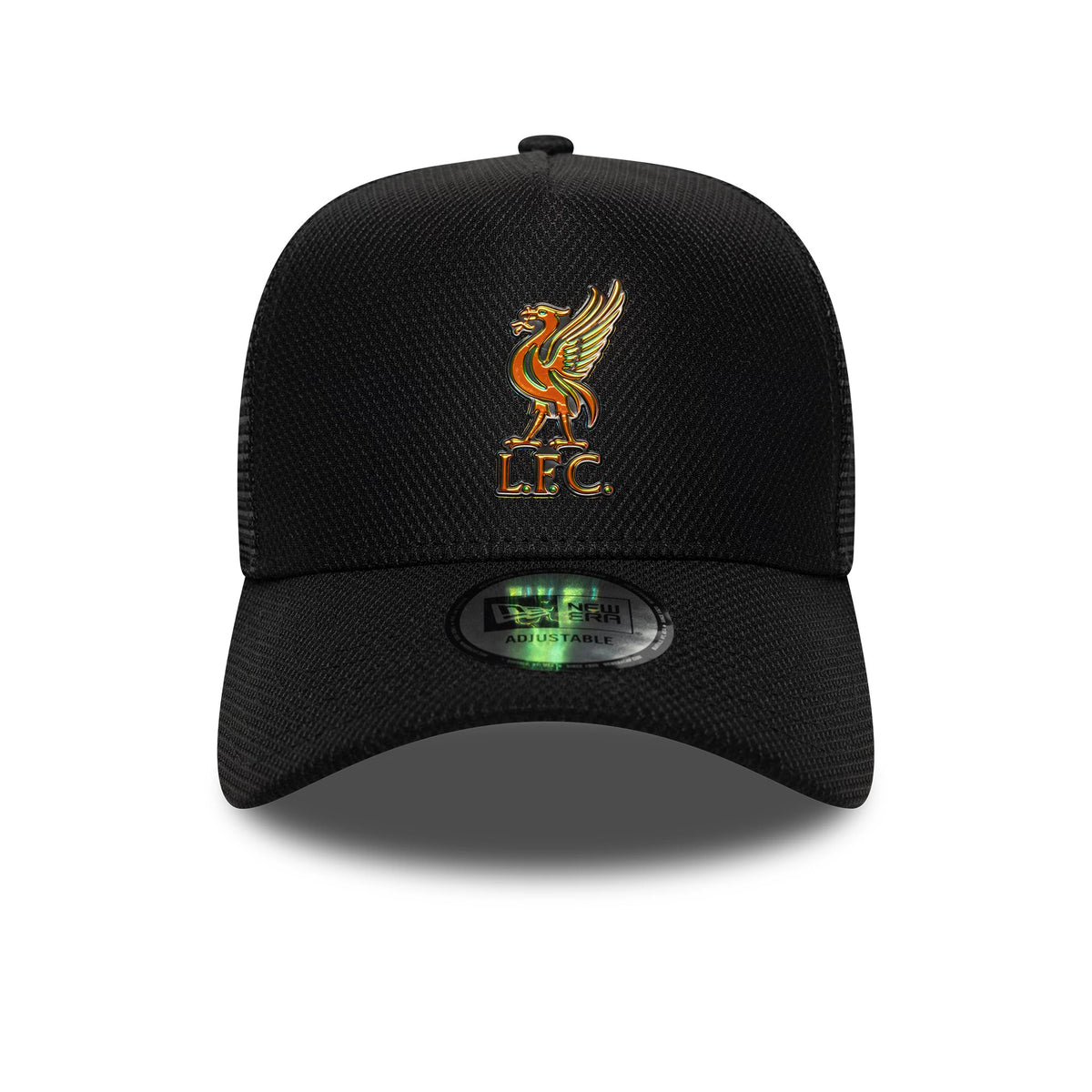 Liverpool FC Iridescent Black New Era 9FORTY A-Frame Trucker Adjustable Cap, front view showing the raised iridescent Liverpool FC bird logo embroidered on the black crown, with a curved black visor and a 9FORTY size sticker.