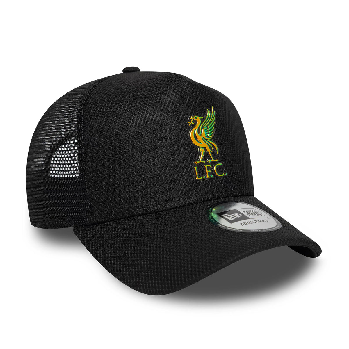 Liverpool FC Iridescent Black New Era 9FORTY A-Frame Trucker Adjustable Cap, three-quarter view showing an iridescent raised Liverpool FC crest on the front panel, a curved black visor with a 9FORTY size sticker, and mesh side and back panels.