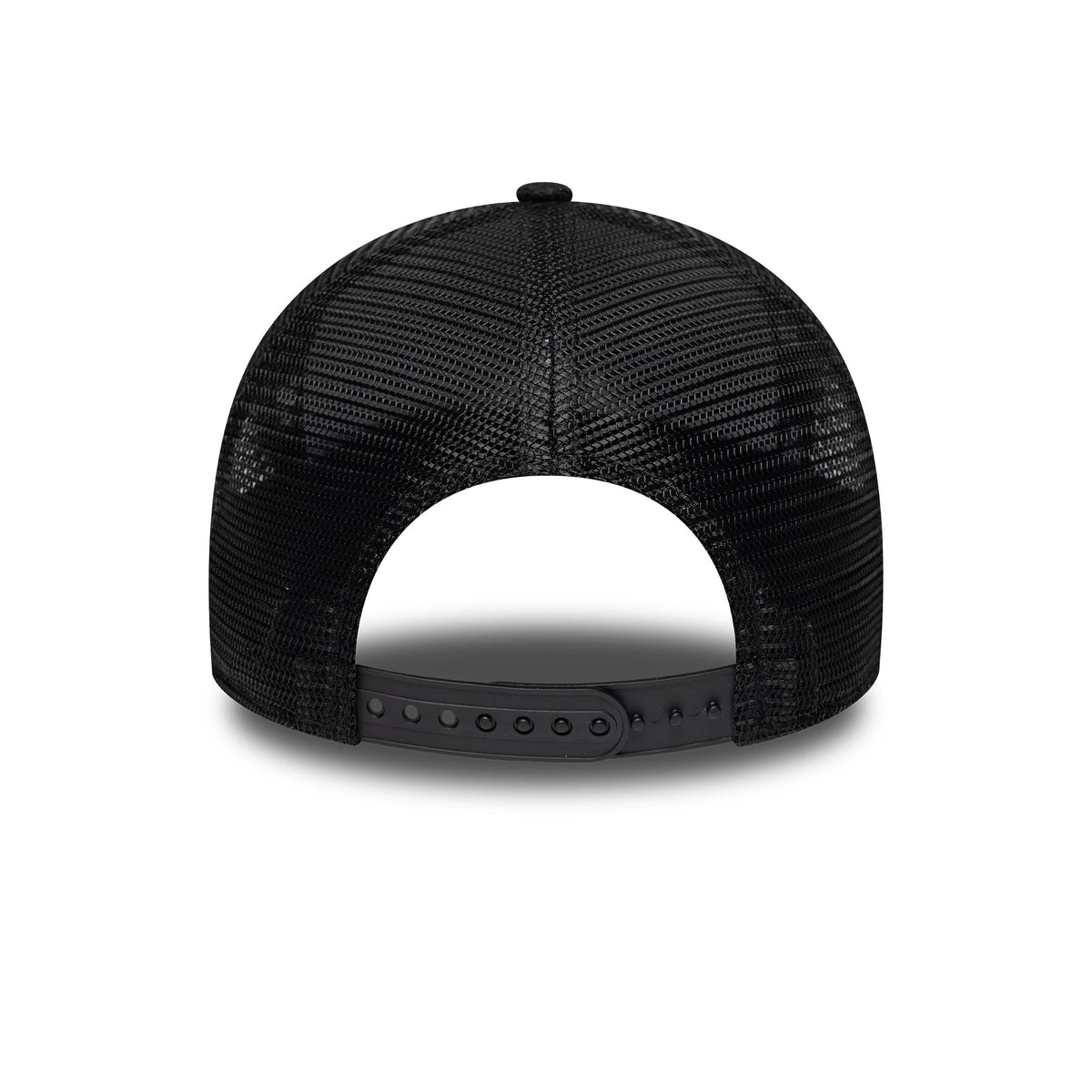 Liverpool FC Iridescent Black New Era 9FORTY A-Frame Trucker Adjustable Cap, rear view showing a black mesh back with an opening and a black adjustable snap closure, highlighted by its textured fabric and structured design.