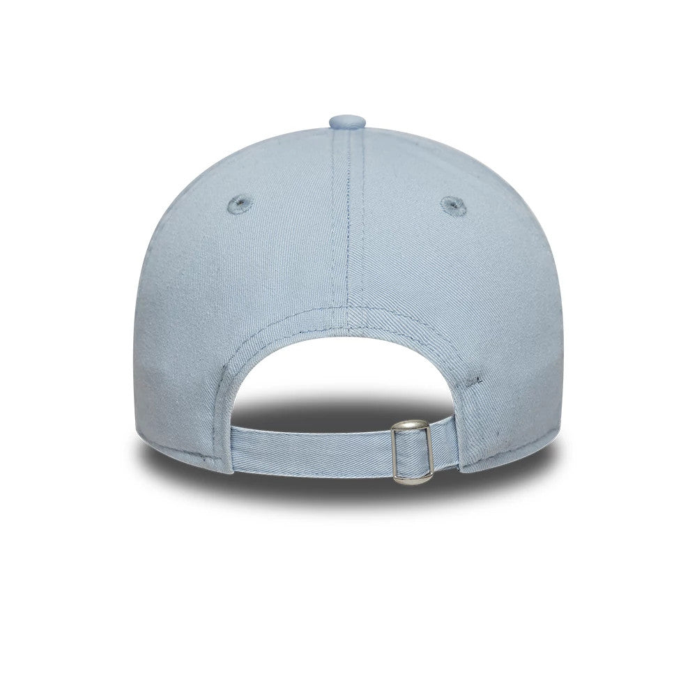 Alpine Racing Heritage Logo Blue New Era 9TWENTY Adjustable Cap, rear view showing an unstructured light blue crown with embroidered eyelets, a matching top button, and an adjustable strap with a buckle for size customisation.
