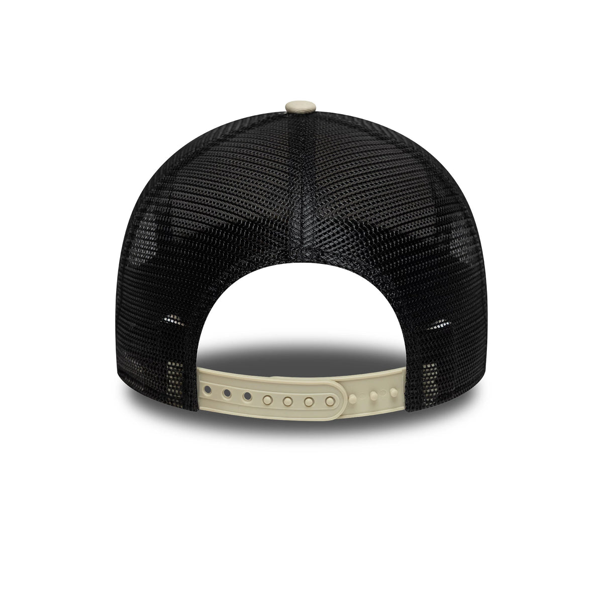 Aston Villa FC Cream New Era 9FORTY E-Frame Trucker Adjustable Cap, rear view showing the structured black mesh crown with a cream-coloured adjustable strap and a matching cream top button for a classic trucker style.