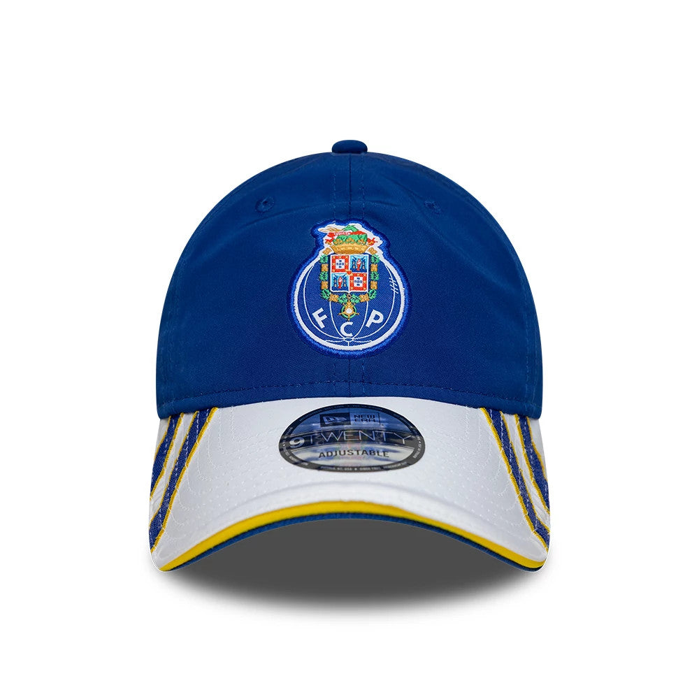 FC Porto 03 Blue New Era 9TWENTY Adjustable Cap, front view showing the vividly embroidered FC Porto crest on the blue crown, with a contrasting white curved visor featuring yellow edge trim and a 9TWENTY size sticker at the centre.