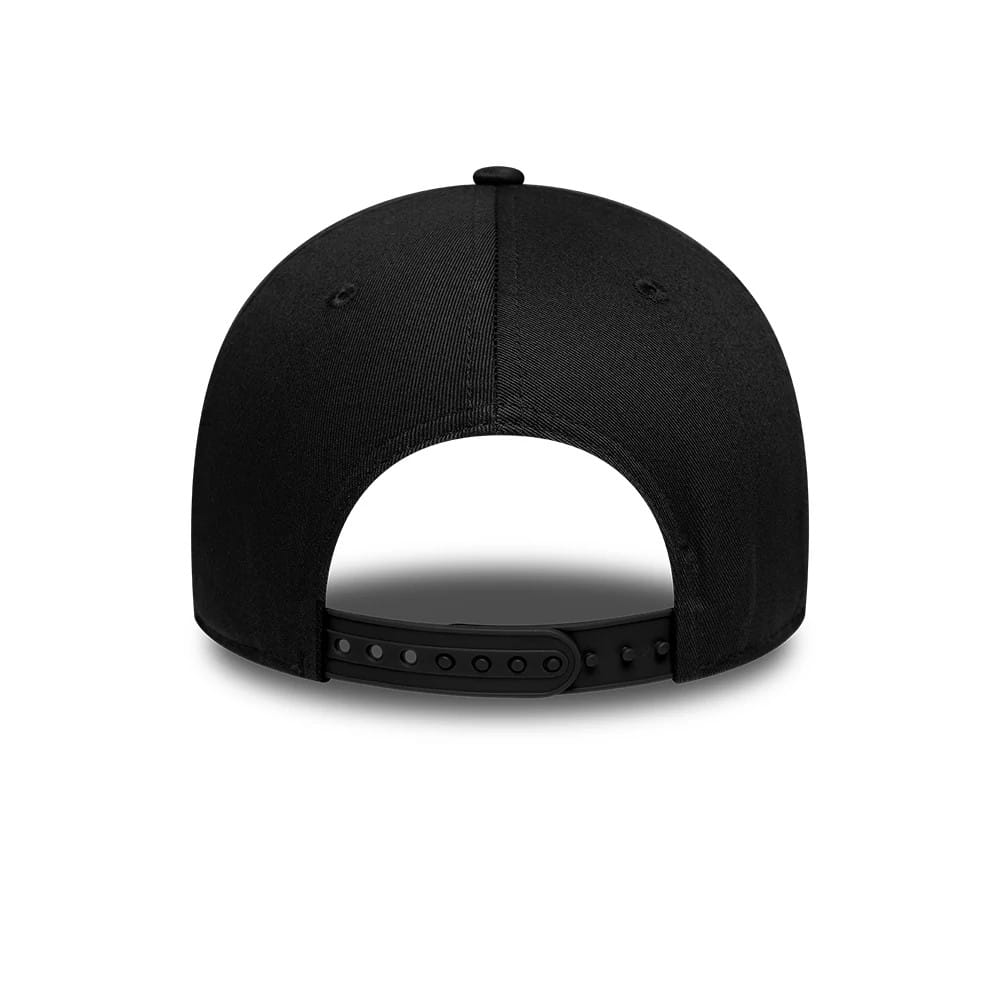 Rugby Club Toulon Cigales Black New Era 9FORTY Adjustable Cap, rear view showing the black snapback closure, structured black crown with eyelets, and a smoothly curved panel shape emphasised by the absence of a centre back logo.
