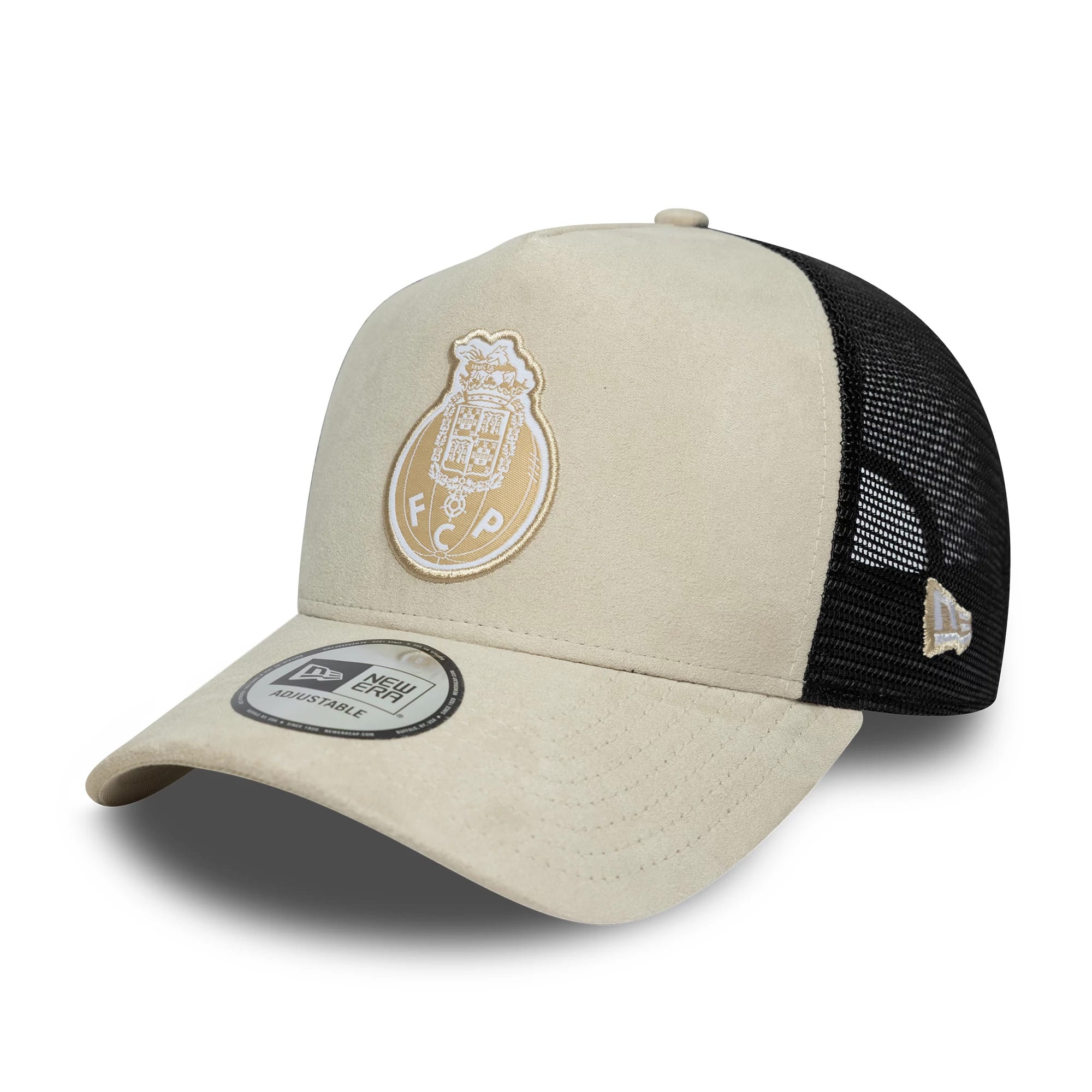 Pictured is this FC Porto Faux Suede 9FORTY A-Frame Trucker cap in cream. 1